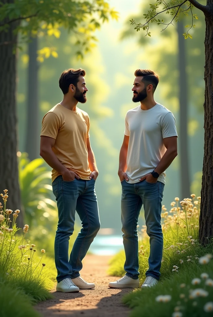 A 2 man, dressed casually (e.g., jeans, t-shirt, sneakers), standing in a park or a natural setting. He should appear relaxed,