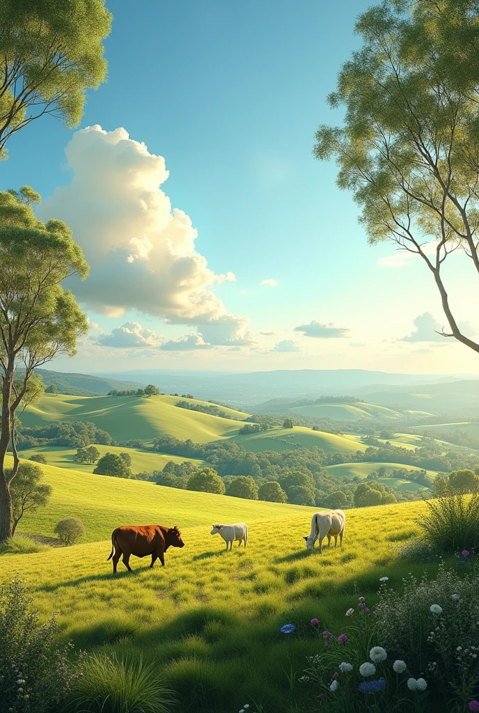 In the lush countryside of Australia, the landscape is a vibrant tapestry of rolling green hills and sprawling meadows. The expansive fields are dotted with clusters of eucalyptus trees, their silvery leaves shimmering in the sunlight. Grazing cattle and flocks of sheep move slowly across the terrain, while wildflowers add splashes of color to the verdant scenery. The air is fresh and invigorating, filled with the gentle sounds of nature and the distant call of native birds. This tranquil setting offers a serene escape from the bustling city life, embodying the peaceful charm of Australia's rural heart.