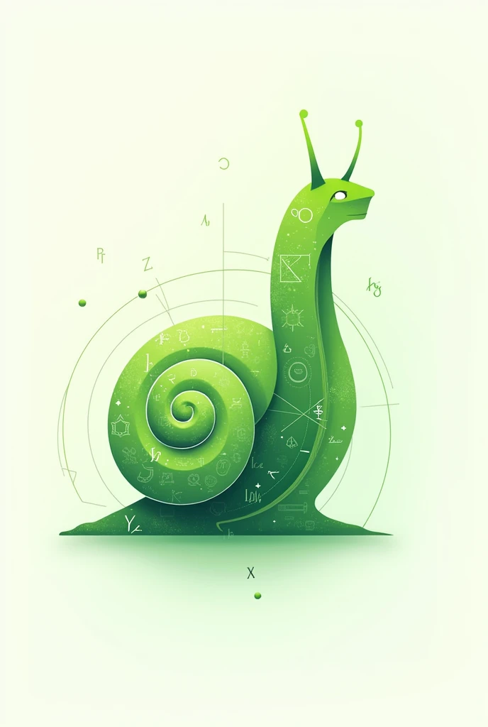 Vector logo, The structure should be like the shape of a snail, elongated,with golden ratio as margin, the figure must be completed with mathematical symbols and all kinds of geometric figures, It must be green and creative, the symbols must stand out more.