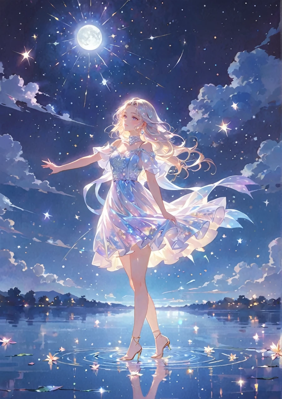A girl standing alone under the starry night sky, with her silhouette illuminated by the soft moonlight and twinkling stars. Her face is beautifully detailed, with mesmerizing eyes that seem to reflect the universe itself, long and fluttering eyelashes, and exquisitely defined lips. She is dressed in an elegant gown, flowing and ethereal, embracing her figure gracefully as it glimmers with a subtle celestial glow. The intricate details of her dress catch the faint starlight, creating a mesmerizing sparkle. The surrounding landscape showcases a serene garden, lush with vibrant foliage and colorful flowers. The air is filled with a gentle breeze, causing the leaves to rustle and the flowers to sway delicately. The garden is bathed in a warm, dreamy color palette, with hues of deep blues, purples, and hints of silver. The atmosphere is calm and tranquil, evoking a sense of peace and serenity. The artwork is of the highest quality, meticulously created with ultra-detailed brushstrokes and precise attention to every element. The texture and depth of the painting are breathtaking, with a sense of realism and photorealism that captures the awe-inspiring beauty of the night sky. The lighting is soft and diffused, casting a gentle glow over the entire scene, enhancing the magical ambiance. The girl's presence radiates a sense of mystery and wonder, as if she holds a secret connected to the celestial beings above. The overall composition evokes a feeling of timelessness and captures the essence of a StarSign, an artwork that embodies the celestial beauty and inner strength of a girl in harmony with the stars.
