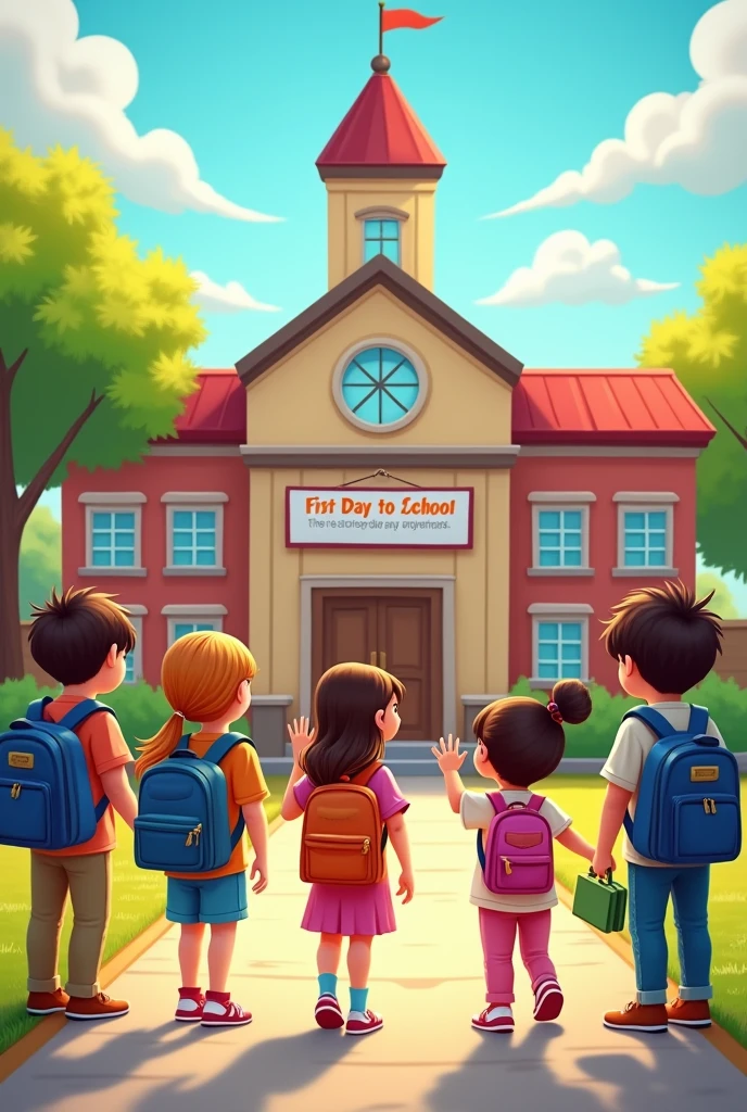 Create an image capturing the essence of 'Back to School' by focusing on an outdoor scene in front of a school building. A group of excited children, ages 5-10, are gathered near the entrance, some being dropped off by parents while others are waving goodbye. The kids are dressed in new school clothes, carrying backpacks and lunchboxes. The school building has a large sign that says 'First Day of School' and is surrounded by trees and playground equipment. The scene should be lively and cheerful, with bright morning light and a sense of anticipation in the air as the new school year begins."