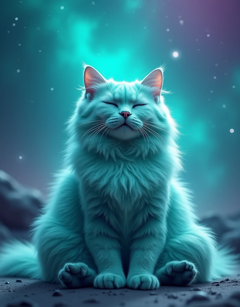 Create a super realistic cat, turquoise, fluffly, with eyes closed, he is meditating, is calm and happy, he is sitting in the lotus position, cross legs, the paws are perfect and realistic, royal paws, o fundo é de galaxia turquoise com roxo