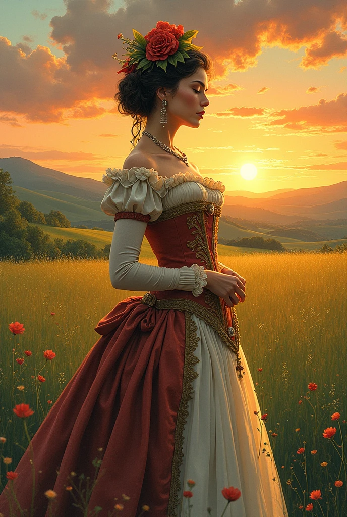 a middle-aged high society lady from the 1800s breathing a sigh of relief in a field in the late afternoon, with manga art