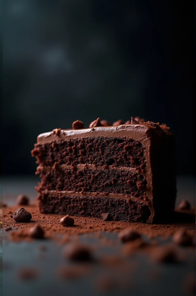 cinematic film still chocolate, chocolate cake, dark background, quality photo, moist texture, frosting, studio photo, slice . shallow depth of field, vignette, highly detailed, high budget, bokeh, cinemascope, moody, epic, gorgeous, film grain, grainy