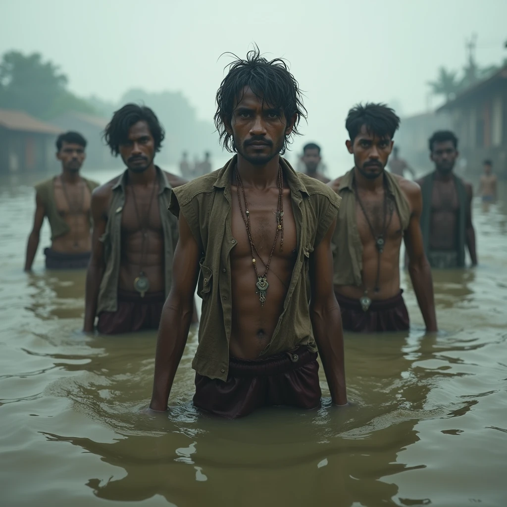 Bangladesh Poor people are getting wet, standing in water, surrounded by only water and water.