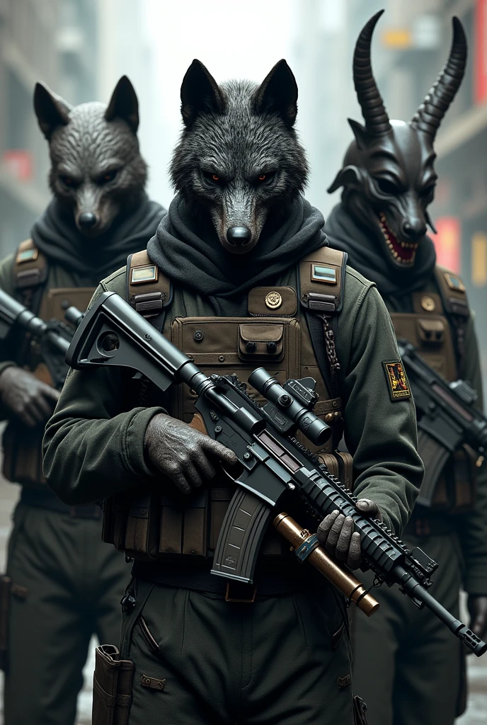 3 people with super realistic and comfortable masks, the 3 paras and suits , en medio uno com mascara de lobo 🐺 a la derecha uno con mascara de dragón 🐲   a la izquierda uno con mascara de alienigena 👽 los 3 com armas y muchas balas 