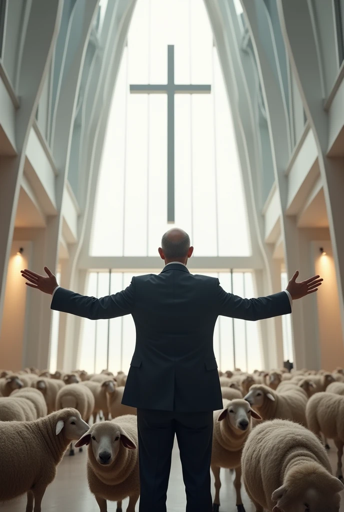 Create an image of a pastor in a suit with open arms and a Bible in his hand in an evangelical church, herding sheep in a very modern place, with modern architecture