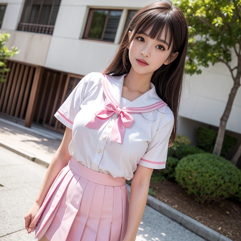 Wear Kitauji High School uniform, White sailor suit, Pink pleated skirt, Sailor suit with pink collar on white background, White clothes, laughing out loud，pink collar, Wear student sailor uniform, 水手服是白色底pink collar，pink collar子，Pink pleated skirt，Pink navy collar，(knee shot), 1 girl, On the face, light brown hair, blunt bangs, hair behind ears, Hair over the shoulders, long hair, Slender body type, Super thin face, face slimming, delicate lips, beautiful eyes, Thin blush, Eyes are light brown,Check it out here, (realistic:1.3), Standing next to a Japanese street, 8k, , Super detailed, high quality, best quality, High resolution, ，Large Breasts，H CUP, 3