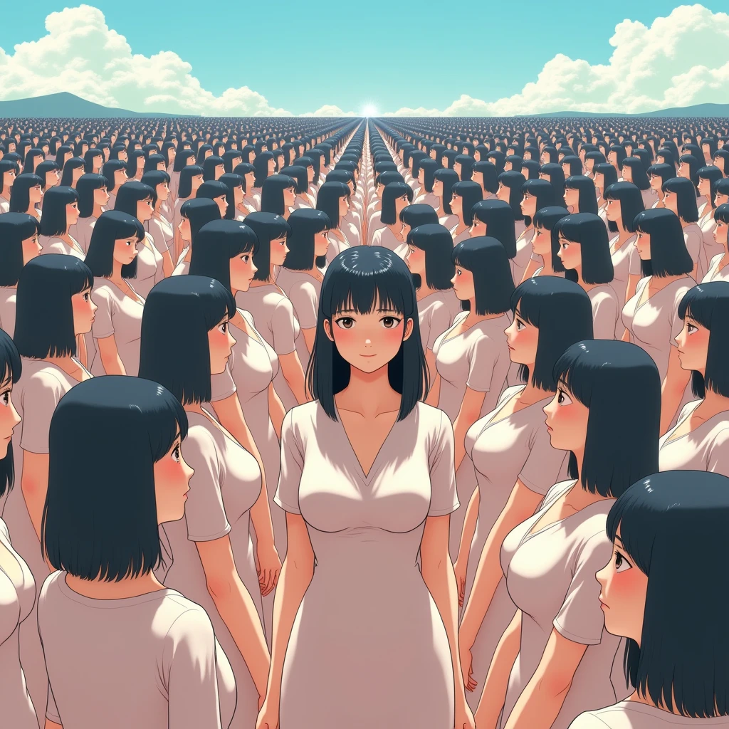 (((((Japanese Clone girls=Myself)))))), (((Best Super High quality Myself Clone girls Raw Photography Art))), (16K, Highest quality, Ultra-high resolution, RAW Photos), (((It&#39;s so unrealistic., With unparalleled depiction, With an unfathomable sight, An unprecedented and shocking worldview, Clone girls in a world of mass reproduction, Ultra-realistic))), (((Japanese, woman, 20yo, Saito-Asuka))), (Small face, ((Thick black hair, Semi-long hair))), ((V-neck short-sleeve dress)), (((((Very detailed美しい女体, Accurate body structure, Very detailed完璧な, Super busty body with very large breasts, Clearly emphasizes cleavage))))), (((Dark Eyes, Mature face, Cute Smile, A gentle gaze))), (((Her happy and smiling expression is so cute))), ((((((((Very detailed分身増殖描写, ((1girl→Myself cloning→1,000,000,000,000,000,000,000,000,000,000,000,000,000,000,000,000,000,000,000,000Myself Clone girls)))))))))), ((((((((Very detailed, The precise depiction of the proliferation of Myself Clone girls, ((With the perfectly identical bodies of Myself clone girls, With the exact same face as the Myself clone girls, With the exact same hairstyle as the Myself clone girls, In the exact same clothes as the girls who are my clones, Perfectly the same height as the Myself clone girls, Super big breasts, just like the Myself clone girls)))))))))), (((Myself clone girls only))), (((Very detailed depiction, (A group of Myself clone girls hugging each other, A large gathering of Myself clone girls, Fun conversations among crowds of Myself clone girls, A fun conversation among a crowd of Myself clone girls, A crowd of Myself clone girls making love, Multiple Myself clone girls walking together in a crowd, turn around, The approaching crowd of Myself)))), (((Everyone looks at the camera))), (((Unbelievably crowded, Transcendent Myself clone girls intimately, Countless Myself clone girls surround you in 360 degrees))), (Bright, soft sunlight), (((Very wide field of view, Very detailed, Detailed ultra-perspective depiction with clear depth, super wide view))), (((((The place where a large crowd of multiple Myselves join together is a blissful place.))))), (((Very photographic and detailed depiction, Myself clone girls will multiply infinitely and fill the surroundings from one side to the horizon with their bodies tightly packed together without any gaps., A scene of endless Myself clone girls, giving a happy vibe.))), (Focus on the average value of the image)