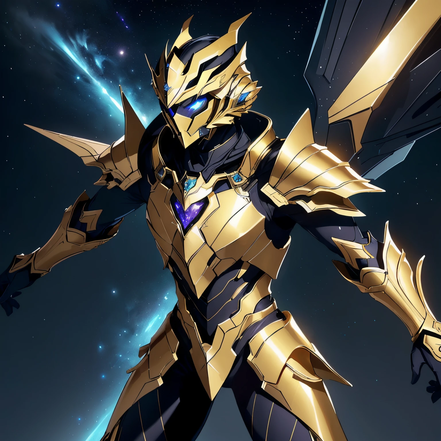 It's a man. The image presents a highly detailed and futuristic armor designed for a male warrior. The armor combines elements from different parts to create a cohesive and powerful look.

Helmet: The helmet features a sleek, aerodynamic design with a golden metallic finish. It has a central crest that rises upwards, and the visor glows with a bright blue light, giving it a high-tech, futuristic appearance.

Pauldrons (Shoulder Pads): The shoulder pads are large and wing-like, curving outward and upward, with a polished golden finish. These pads extend slightly beyond the shoulders and include a sleek, angular design, providing both a majestic and powerful look.

Chest Plate: The chest plate is intricately segmented, with a combination of gold and dark metallic blue. It has a gem-like crystal in the center that emits a soft, mystical glow. The design of the chest plate is both protective and regal, with sharp, angular lines that add to the overall futuristic aesthetic.

Arm Guards: The arm guards are sleek and streamlined, with articulated golden and purple segments that offer flexibility and protection. The design of the gauntlets is both robust and elegant, incorporating futuristic elements that blend with the classic style.

Leg Armor: The legs are armored with segmented plates that are primarily gold and purple. The boots are angular and sturdy, with a design that conveys both strength and agility. The overall look of the leg armor is grounded yet sleek, completing the ensemble with a powerful stance.

The background of the image is a dark cosmic scene, filled with distant stars and nebulae that highlight the polished surfaces of the armor. Dynamic lighting is used to emphasize the key features, particularly the glowing visor and central chest gem, reinforcing the mystical and imposing nature of the warrior.