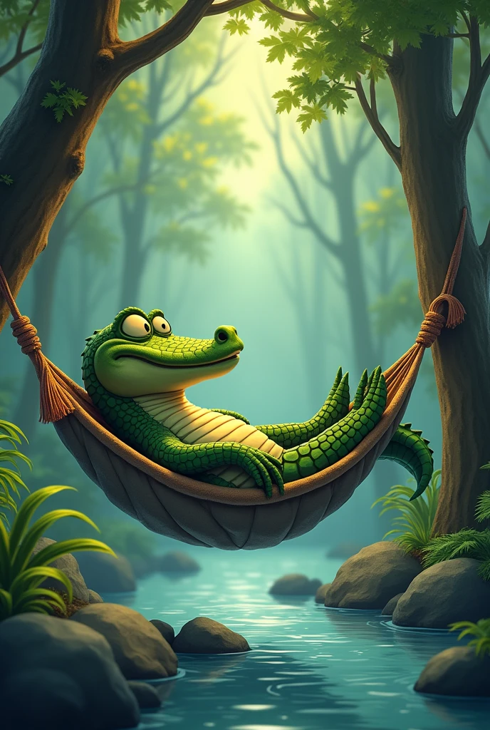 alligator sleeping in the hammock, cartoon image but not so much, sleeping, background in the forest near the river,,