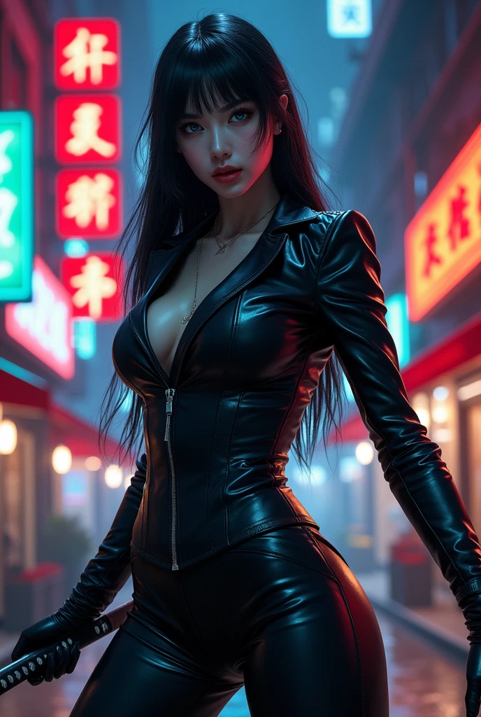 at night, some buildings from china, bars, fluorescent lights, and a woman with black hair and blue eyes, small nose,Super pretty with a black leather suit and a katana in her hands, handling it perfectly