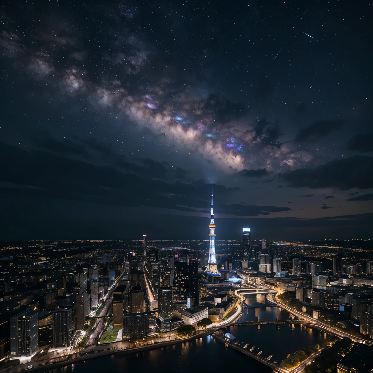 A starry sky sparkling in a pitch black expanse that draws you in、Astronomical Observation、
Three-dimensional clouds、Million Dollar Night View、romantic、Fantasy、Tokyo night view、Tokyo Tower、Brilliant、photograph、Wide angle、colorful、Colorful、Neon color、Brightness gradation high resolution(8k)、Ultra-high precision、Realistic texture、The city below、horizontal line、Vast、Panorama、Rear Stick、Brilliant、masterpiece、Milky Way、curve、Bird's Eye View、Looking down from above