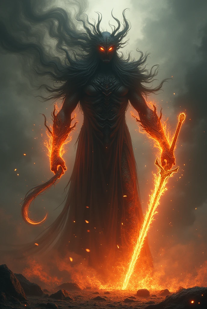 Black figure of human form, with wings of smoke and fire, fire Eyes, fire nose. He wields a whip and a flaming sword