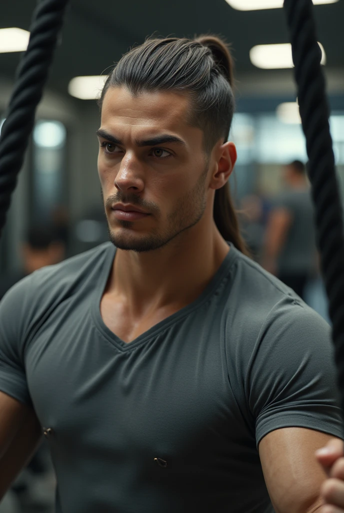 (photorealism:1.2), man in grey shirt, short hair on the side, Long hair, seeds, with a split in the middle and backwards, doing chest pulley exercise, with downward inclination, in gym, looking forward.