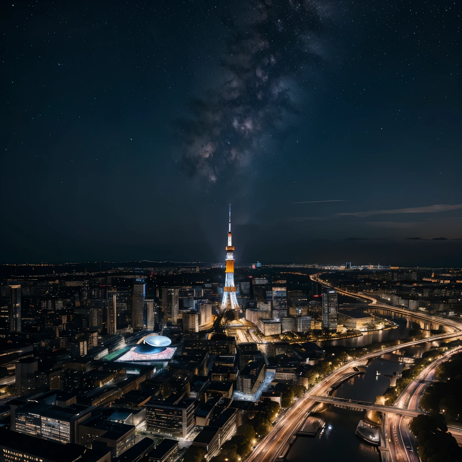 A starry sky sparkling in a pitch black expanse that draws you in、Astronomical Observation、
Three-dimensional clouds、Million Dollar Night View、romantic、Fantasy、Tokyo night view、Tokyo Tower、Brilliant、photograph、Wide angle、Colorful night view、、Colorful、Neon color、Brightness gradation high resolution(8k)、Ultra-high precision、Realistic texture、The city below、horizontal line、Vast、Panorama、Rear Stick、Brilliant、masterpiece、Milky Way、curve、Bird's Eye View、Looking down from above