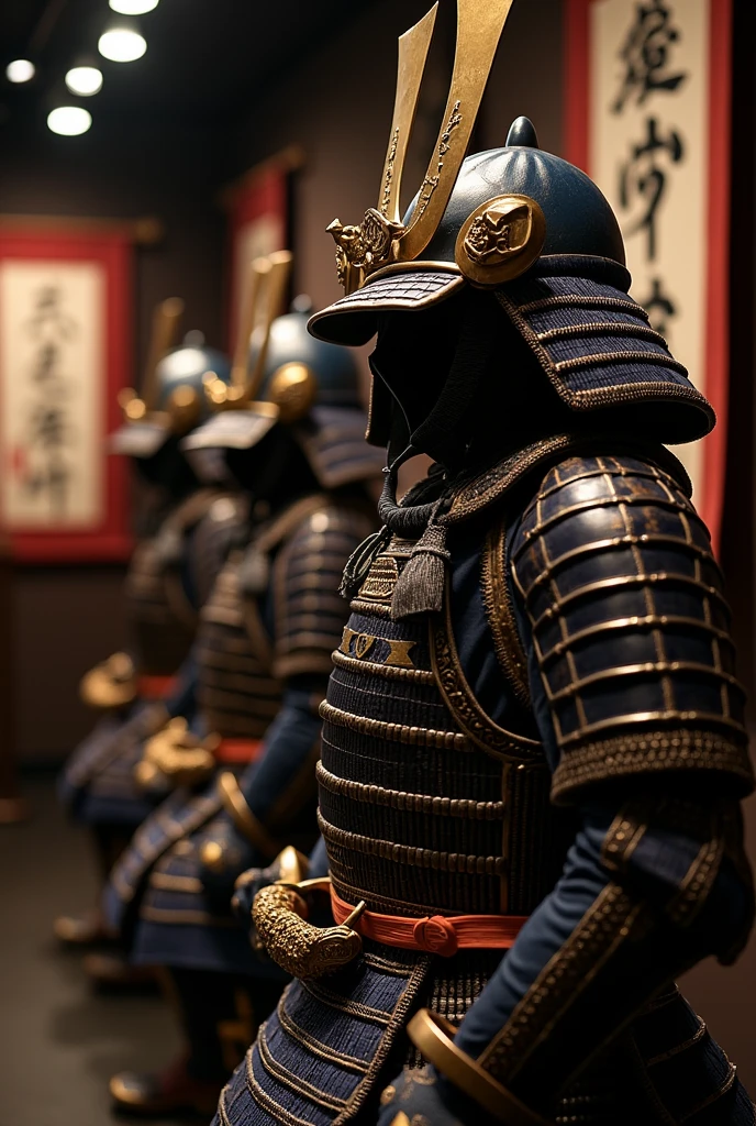 Samurai Armour Display: A close-up, detailed image of traditional Samurai armour on display in a dimly lit room, with dramatic shadows emphasizing the intricate design and craftsmanship. The background features historical artefacts and banners with Japanese calligraphy, creating a reverent atmosphere.
