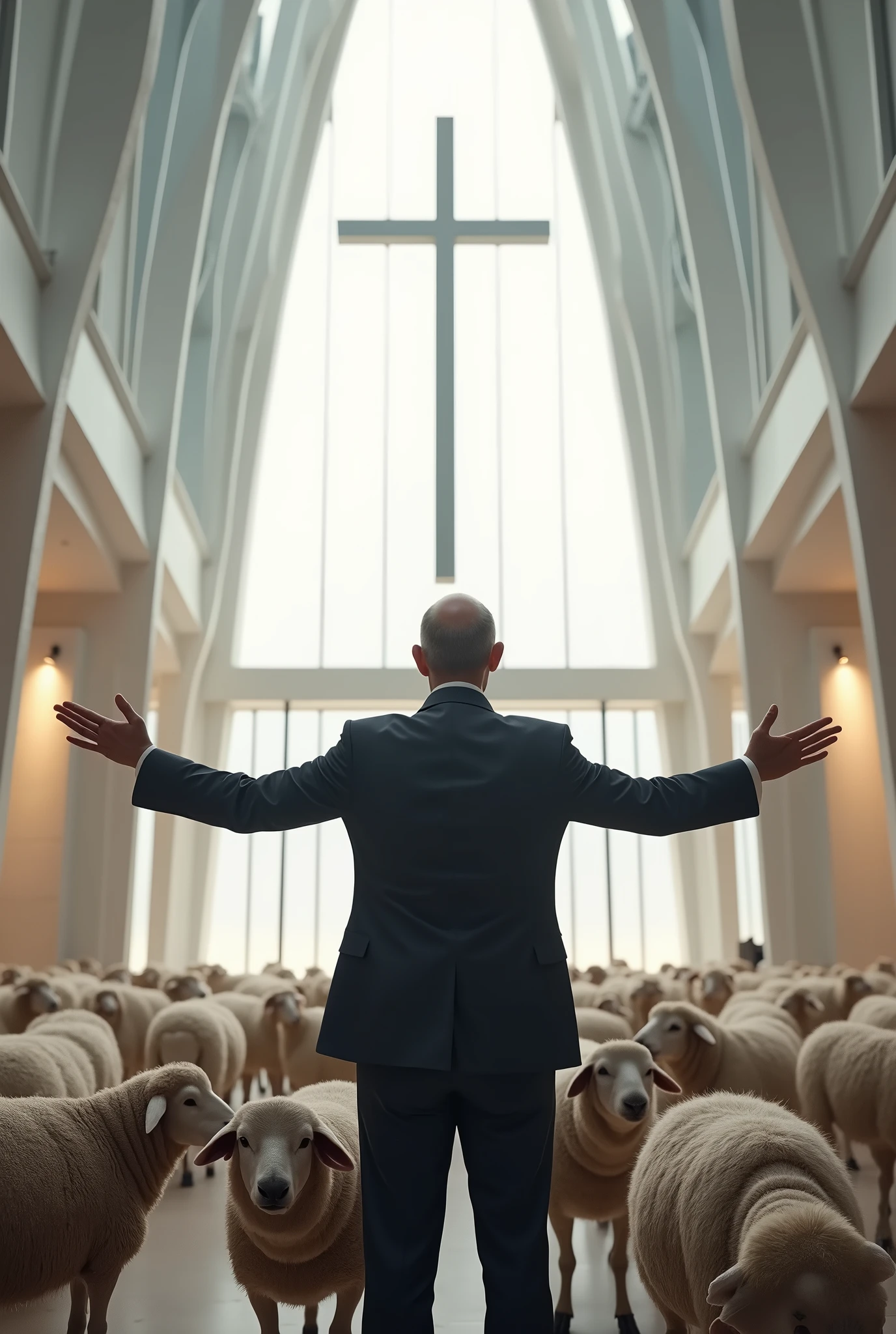 Create an image of a pastor in a suit with open arms and a Bible in his hand in an evangelical church, herding sheep in a very modern place, with modern architecture