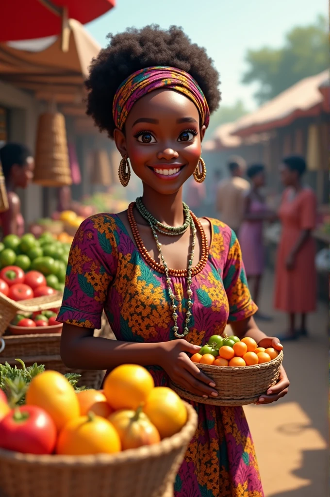 A smiling saleswoman at the Dantokpa market 