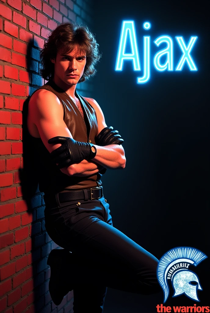 film The Warriors 1979 Stylized poster featuring a man (James Remar) leaning against a red brick wall. The man has white skin, shoulder-length hair and a dark gigachad face with a serious expression. He is wearing a sleeveless brown leather vest, classic retro black genuine leather gloves, middle finger gloves, a black belt with a large buckle and dark pants. His arms are crossed with his foot resting on the wall. The background is a dark blue to black gradient, transitioning into the red brick wall. The word 'AJAX' is displayed in bright blue neon letters in the top right corner. In the bottom right corner, there is a two Spartan helmet logo with the text 'The Warriors' in graffiti style font.