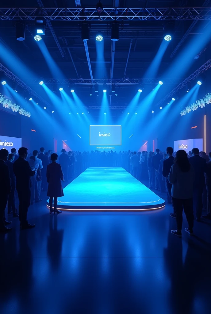 background party of the company name “INIECO.” with dark blue color. Party empty space in the center and bustling surrounding,and light led. No people