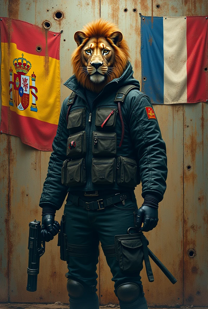 the phrase:"S34 PACOKILLER" on rusty iron and bullet holes behind a lion dressed as a cyberpunk assassin with a gun. War background and with the flag of Spain and France together. square image