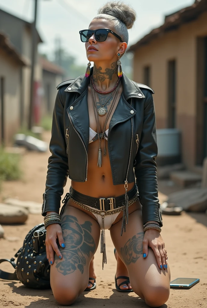 russian milf woman, grey hair (pouf, and top bun and shaved sides) and oversized square maxi sunglasses as headband, with very light blue eyes, extremely pale. Wearing tight aged black cropped moto jacket with lots of zippers and pins; white bikini, flip flops . Chain around hips like belts. Dirty knees and dusty hands. Lots of metallic bracelets, lots of boho pendants and lots of colourful beads collars. Long boho earrings with colourful feathers. Chains around the hips. Squatting, looking up, chin up, stretching her neck , humble facial expression. Hands on her knees, showing off bracelets and rings. studded black leather tote bag with chain on the floor, next to her.. Listening looking up in amazement to somebody speaking to her from above, well toned abdominals, thin neck, slim legs and thin arms. Narrow hips Cleavage, stomach, neck, tigh and hands completely covered with tattoos. Dirt street in Kenyan village full of waste. A lot of tanned shirtless fat men in jeans around looking at her. next to her, all her belongings scattered on the floor: tobacco packs, makeup kit, little makeup mirror, studded black leather tote bag, lipstick, wallet, moble etc on the floor