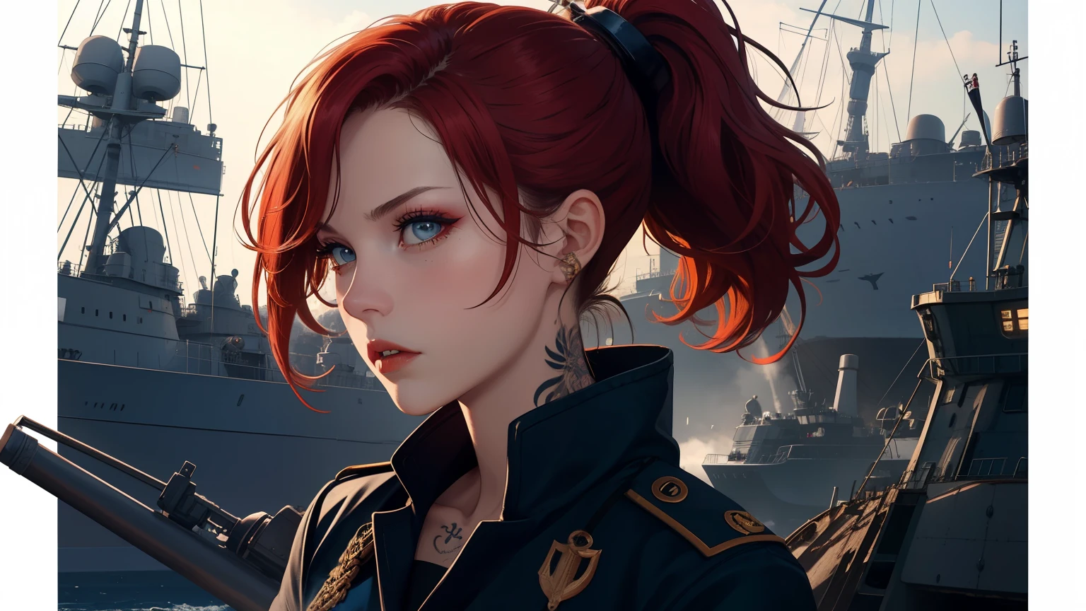 Hot young woman, long red hair, ponytail, admiral's uniform, many nautical tattoos, black make-up, high boots, high quality, best quality, high details, blue eyes, perfect body, warship in backround, navy, cannons fire, masterpiece, multilayer, angry eyes, 