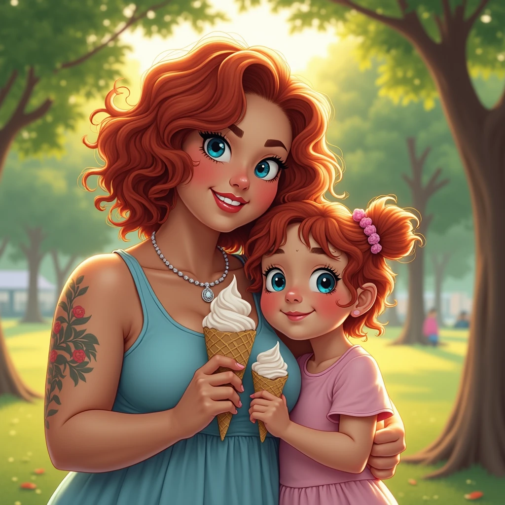 Full View 8K, thick curvy female standing at the park with her daughter, eating an ice cream cone as the son is shining down on them, a natural female, with curly red hair, tattoos, diamond chain, plump lips, lashes, flawless eyebrows, a natural white , with big blue eyes, with curly red hair, smiling, wearing a light blue dress with white sandals 