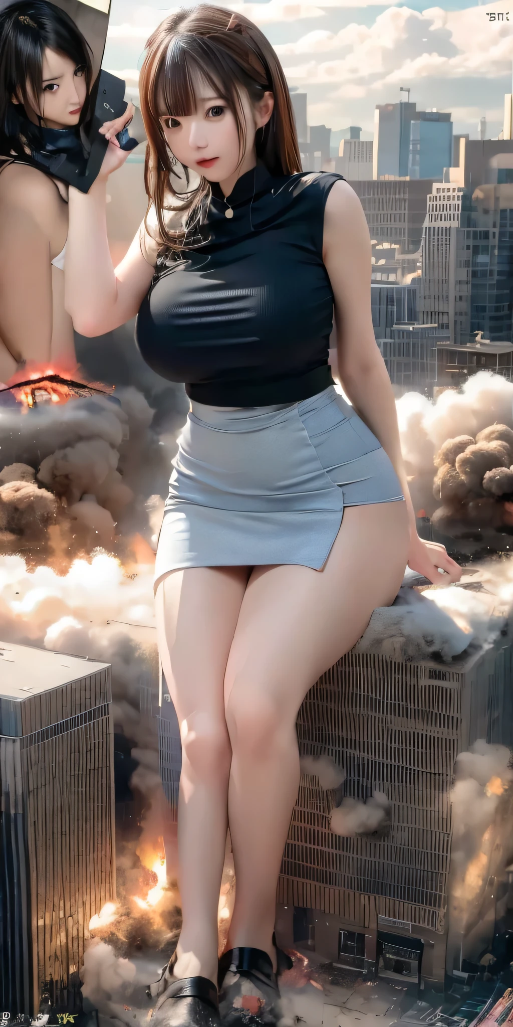 (8k,RAW Photos,Like a photograph:1.85),masterpiece,Highest quality, Very cute Japanese giantess wearing a mini skirt, GTS City of the Year 3333, City Buildings, Violent explosion and smoke rising, cloud, tornado, Light, Destroyed cityscape, Realistic Lighting, Down, Realistic and violent explosions、Realistic and violent crashes、Intense and realistic building destruction, Seduce the viewer with violent and obscene methods