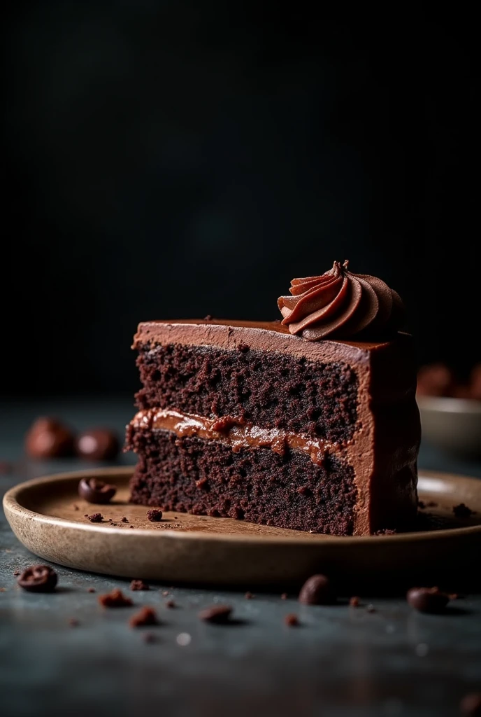 cinematic film still chocolate, chocolate cake, dark background, quality photo, moist texture, frosting, studio photo, slice . shallow depth of field, vignette, highly detailed, high budget, bokeh, cinemascope, moody, epic, gorgeous, film grain, grainy