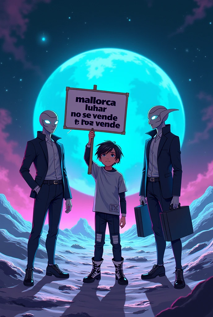 “Create a cyberpunk anime-style scene of a young boy standing on the moon, holding a sign that reads ‘Mallorca Lunar no se vende’ in bold letters. The boy is standing confidently, his foot planted firmly on the moon’s surface, with the Earth visible in the background. The setting is a futuristic, neon-lit lunar landscape, with the boy wearing a sleek, futuristic outfit with glowing accents. Two German aliens, dressed in stylish, futuristic business suits, are standing nearby, attempting to buy the moon. They are holding out a briefcase full of glowing credits, but the boy is defiantly holding his sign. The aliens have a humanoid appearance but with distinctive alien features like slightly elongated heads and glowing eyes. The colors should be vibrant, with a mix of neon blues, purples, and metallic tones, capturing the essence of cyberpunk anime.”