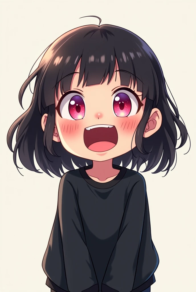 medium black hair girl with bangs, pink eyes and black sweatshirt, chibi style, laughing outrageously