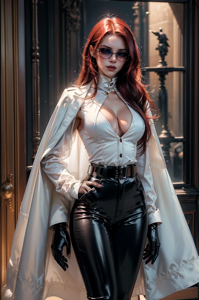 [cowboy shot], a beautiful young woman with long red hair, slim body, thin waist, narrow hips, detailed facial features, ((wearing high quality high waist black leather pants)), ((a formal white colored silk shirt with cleavage and long sleeves)), ((a white fur coat on shoulders)), ((red lining)), ((double luxury waist belt)), ((slightly red tinted glasses)), ((black latex gloves)), ((expensive reflective silk scarf)), holding a handbag, hand on waist, (best quality,4k,8k,highres,masterpiece:1.2),ultra-detailed,(realistic,photorealistic,photo-realistic:1.37),high fashion,editorial,dramatic lighting,cinematic,vivid colors,intricate details, glamorous