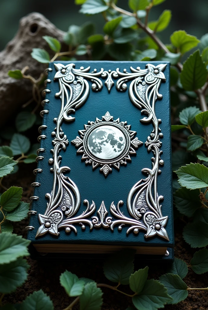 A grimoire with shimmering features carved in silver with sprigs of small leaves around the four corners of the cover and in its center the symbol of the triple moon