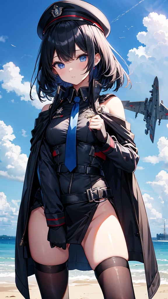 Commander Woman、beautiful、Near future、upright、Salute with your right hand、Left hand lowered、Black military uniform、Black Cape、Black mini tight skirt with slit、Black military boots、Black Stockings、Black Hair、(Deep blue eyes、beautiful二重)、thin black tie、Slender body、Black Beret、Medals、Rank insignia on shoulder、He has a gun、(Blue sky and white clouds on background、Fighter plane in the background)、beautiful太もも