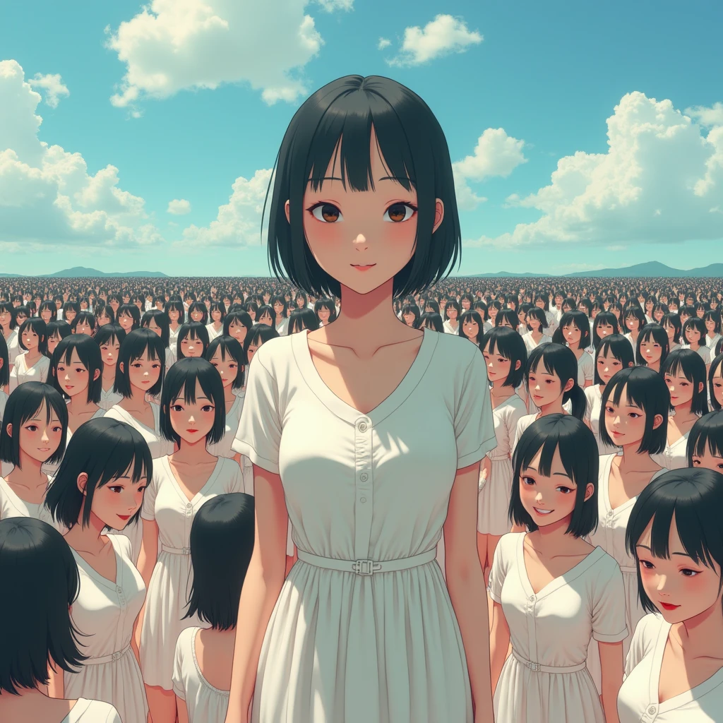 (((((Japanese Clone girls=Myself)))))), (((Best Super High quality Myself Clone girls Raw Photography Art))), (16K, Highest quality, Ultra-high resolution, RAW Photos), (((It's so unrealistic., With unparalleled depiction, With an unfathomable sight, An unprecedented and shocking worldview, Clone girls in a world of mass reproduction, Ultra-realistic))), (((Japanese, woman, 20yo, Saito-Asuka))), (Small face, ((Thick black hair, Semi-long hair))), ((V-neck short-sleeve dress)), (((((Very detailed美しい女体, Accurate body structure, Very detailed完璧な, Super busty body with very large breasts, Clearly emphasizes cleavage))))), (((Dark Eyes, Mature face, Cute Smile, A gentle gaze))), (((Her happy and smiling expression is so cute))), ((((((((Very detailed分身増殖描写, ((1girl→Myself cloning→1,000,000,000,000,000,000,000,000,000,000,000,000,000,000,000,000,000,000,000,000Myself Clone girls)))))))))), ((((((((Very detailed, The precise depiction of the proliferation of Myself Clone girls, ((With the perfectly identical bodies of Myself clone girls, With the exact same face as the Myself clone girls, With the exact same hairstyle as the Myself clone girls, In the exact same clothes as the girls who are my clones, Perfectly the same height as the Myself clone girls, Super big breasts, just like the Myself clone girls)))))))))), (((Myself clone girls only))), (((Very detailed depiction, (A group of Myself clone girls hugging each other, A large gathering of Myself clone girls, Fun conversations among crowds of Myself clone girls, A fun conversation among a crowd of Myself clone girls, A crowd of Myself clone girls making love, Multiple Myself clone girls walking together in a crowd, turn around, The approaching crowd of Myself)))), (((Everyone looks at the camera))), (((Unbelievably crowded, Transcendent Myself clone girls intimately, Countless Myself clone girls surround you in 360 degrees))), (Bright, soft sunlight), (((Very wide field of view, Very detailed, Detailed ultra-perspective depiction with clear depth, super wide view))), (((((The place where a large crowd of multiple Myselves join together is a blissful place.))))), (((Very photographic and detailed depiction, Myself clone girls will multiply infinitely and fill the surroundings from one side to the horizon with their bodies tightly packed together without any gaps., A scene of endless Myself clone girls, giving a happy vibe.))), (Focus on the average value of the image)
