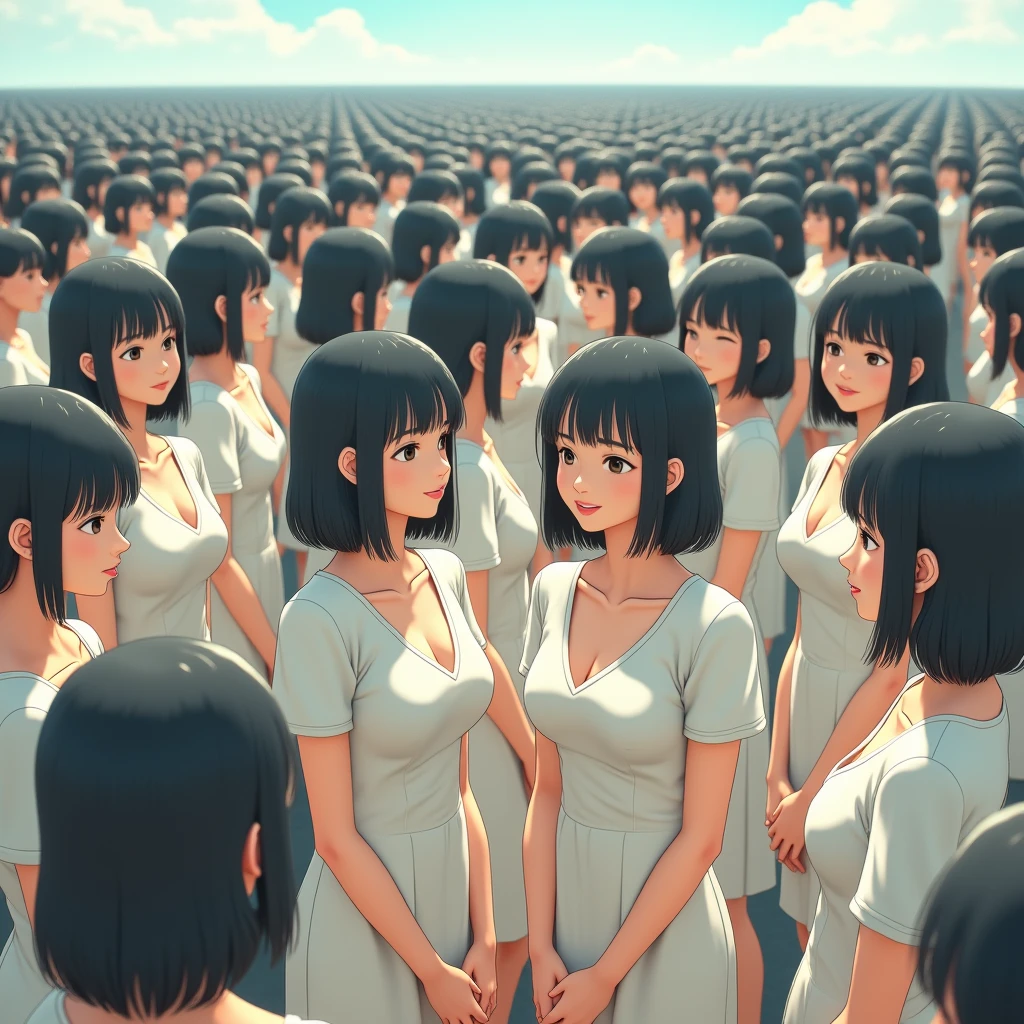 (((((Japanese Clone girls=Myself)))))), (((Best Super High quality Myself Clone girls Raw Photography Art))), (16K, Highest quality, Ultra-high resolution, RAW Photos), (((It's so unrealistic., With unparalleled depiction, With an unfathomable sight, An unprecedented and shocking worldview, Clone girls in a world of mass reproduction, Ultra-realistic))), (((Japanese, woman, 20yo, Saito-Asuka))), (Small face, ((Thick black hair, Semi-long hair))), ((V-neck short-sleeve dress)), (((((Very detailed美しい女体, Accurate body structure, Very detailed完璧な, Super busty body with very large breasts, Clearly emphasizes cleavage))))), (((Dark Eyes, Mature face, Cute Smile, A gentle gaze))), (((Her happy and smiling expression is so cute))), ((((((((Very detailed分身増殖描写, ((1girl→Myself cloning→1,000,000,000,000,000,000,000,000,000,000,000,000,000,000,000,000,000,000,000,000Myself Clone girls)))))))))), ((((((((Very detailed, The precise depiction of the proliferation of Myself Clone girls, ((With the perfectly identical bodies of Myself clone girls, With the exact same face as the Myself clone girls, With the exact same hairstyle as the Myself clone girls, In the exact same clothes as the girls who are my clones, Perfectly the same height as the Myself clone girls, Super big breasts, just like the Myself clone girls)))))))))), (((Myself clone girls only))), (((Very detailed depiction, (A group of Myself clone girls hugging each other, A large gathering of Myself clone girls, Fun conversations among crowds of Myself clone girls, A fun conversation among a crowd of Myself clone girls, A crowd of Myself clone girls making love, Multiple Myself clone girls walking together in a crowd, turn around, The approaching crowd of Myself)))), (((Everyone looks at the camera))), (((Unbelievably crowded, Transcendent Myself clone girls intimately, Countless Myself clone girls surround you in 360 degrees))), (Bright, soft sunlight), (((Very wide field of view, Very detailed, Detailed ultra-perspective depiction with clear depth, super wide view))), (((((The place where a large crowd of multiple Myselves join together is a blissful place.))))), (((Very photographic and detailed depiction, Myself clone girls will multiply infinitely and fill the surroundings from one side to the horizon with their bodies tightly packed together without any gaps., A scene of endless Myself clone girls, giving a happy vibe.))), (Focus on the average value of the image)