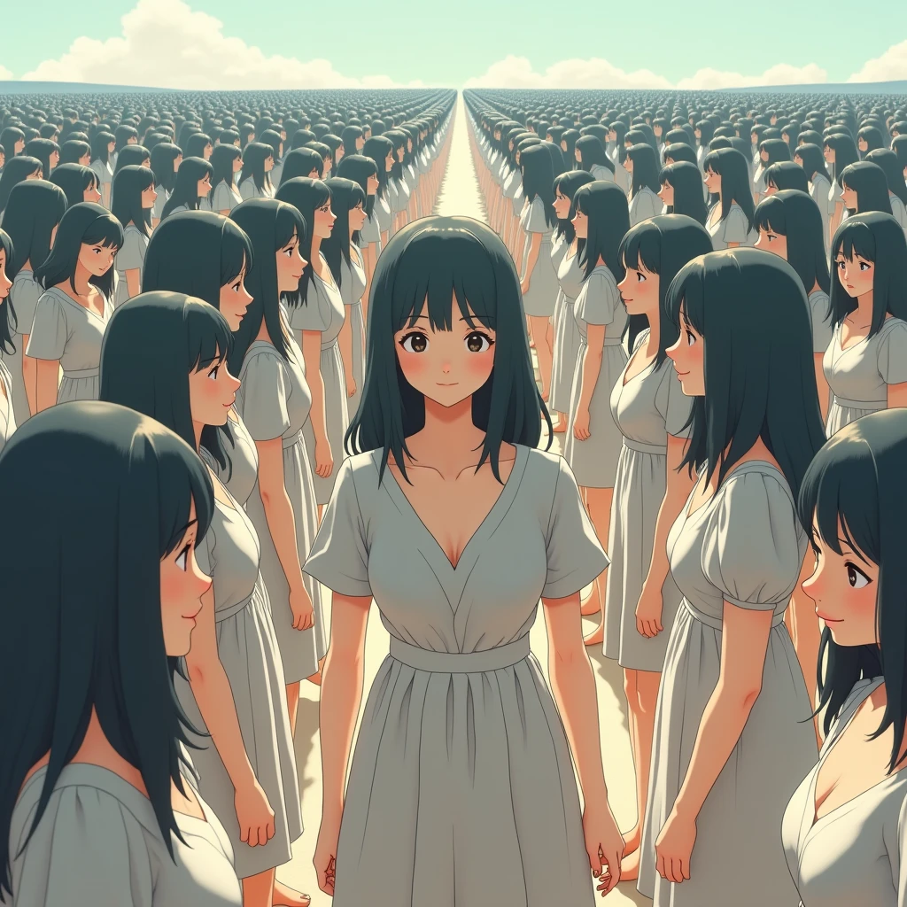 (((((Japanese Clone girls=Myself)))))), (((Best Super High quality Myself Clone girls Raw Photography Art))), (16K, Highest quality, Ultra-high resolution, RAW Photos), (((It's so unrealistic., With unparalleled depiction, With an unfathomable sight, An unprecedented and shocking worldview, Clone girls in a world of mass reproduction, Ultra-realistic))), (((Japanese, woman, 20yo, Saito-Asuka))), (Small face, ((Thick black hair, Semi-long hair))), ((V-neck short-sleeve dress)), (((((Very detailed美しい女体, Accurate body structure, Very detailed完璧な, Super busty body with very large breasts, Clearly emphasizes cleavage))))), (((Dark Eyes, Mature face, Cute Smile, A gentle gaze))), (((Her happy and smiling expression is so cute))), ((((((((Very detailed分身増殖描写, ((1girl→Myself cloning→1,000,000,000,000,000,000,000,000,000,000,000,000,000,000,000,000,000,000,000,000Myself Clone girls)))))))))), ((((((((Very detailed, The precise depiction of the proliferation of Myself Clone girls, ((With the perfectly identical bodies of Myself clone girls, With the exact same face as the Myself clone girls, With the exact same hairstyle as the Myself clone girls, In the exact same clothes as the girls who are my clones, Perfectly the same height as the Myself clone girls, Super big breasts, just like the Myself clone girls)))))))))), (((Myself clone girls only))), (((Very detailed depiction, (A group of Myself clone girls hugging each other, A large gathering of Myself clone girls, Fun conversations among crowds of Myself clone girls, A fun conversation among a crowd of Myself clone girls, A crowd of Myself clone girls making love, Multiple Myself clone girls walking together in a crowd, turn around, The approaching crowd of Myself)))), (((Everyone looks at the camera))), (((Unbelievably crowded, Transcendent Myself clone girls intimately, Countless Myself clone girls surround you in 360 degrees))), (Bright, soft sunlight), (((Very wide field of view, Very detailed, Detailed ultra-perspective depiction with clear depth, super wide view))), (((((The place where a large crowd of multiple Myselves join together is a blissful place.))))), (((Very photographic and detailed depiction, Myself clone girls will multiply infinitely and fill the surroundings from one side to the horizon with their bodies tightly packed together without any gaps., A scene of endless Myself clone girls, giving a happy vibe.))), (Focus on the average value of the image)