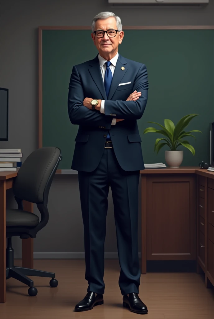 Draw a 1 teacher who is wearing dark blue suit, and blue tie, there is also gold watch. He is wearing classic black oxford shoes.