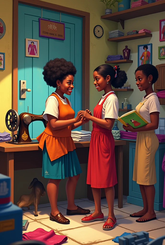 Create a picture of a typical Haitian house, ATABEY couturière du quartier où tout le voisinage vient faire coudre ses tissus. A neighbor came to have her school uniform measured for her to enter. The tailor fits the uniform on her.  Elles joyeuses du résultat.  The wooden pedal sewing machine., Next door,  spread fabrics everywhere. A neighbor leafs through a catalog of haute couture models.. Colorful frame, une affiche . Madame Zini seamstress 