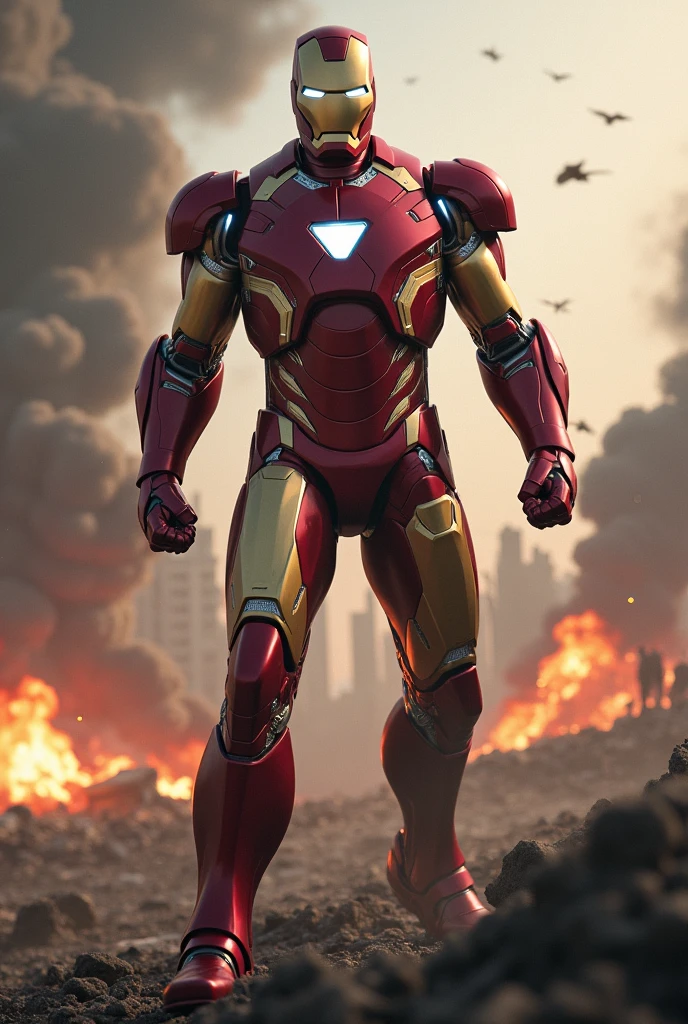 Me wears iron man costume in war