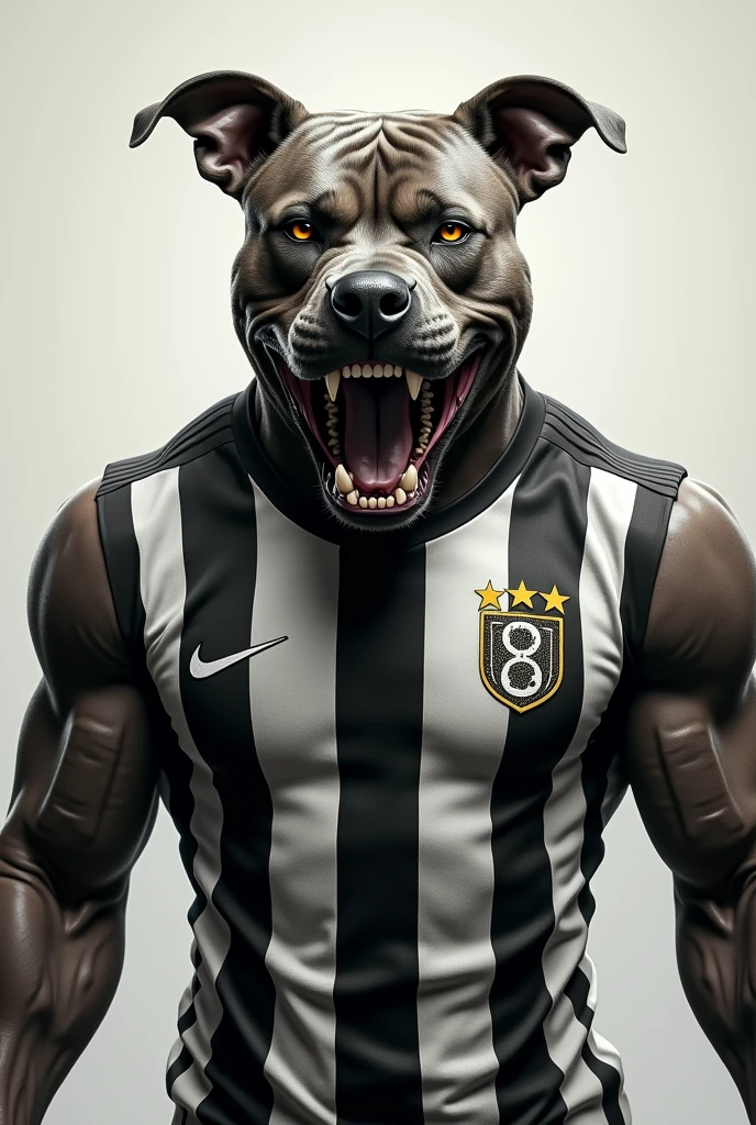 Create a humanoid angry Pitbull with a black and white Botafogo team shirt, print for shirt