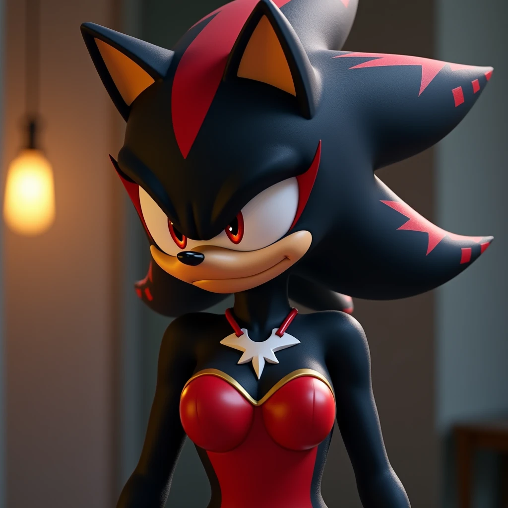 Sonic the Hedgehog Style Image, Shadow the Hedgehog feminina, Female Shadow, portraite, cut the body, bored expression wearing a tight red dress with sweetheart neckline indoors