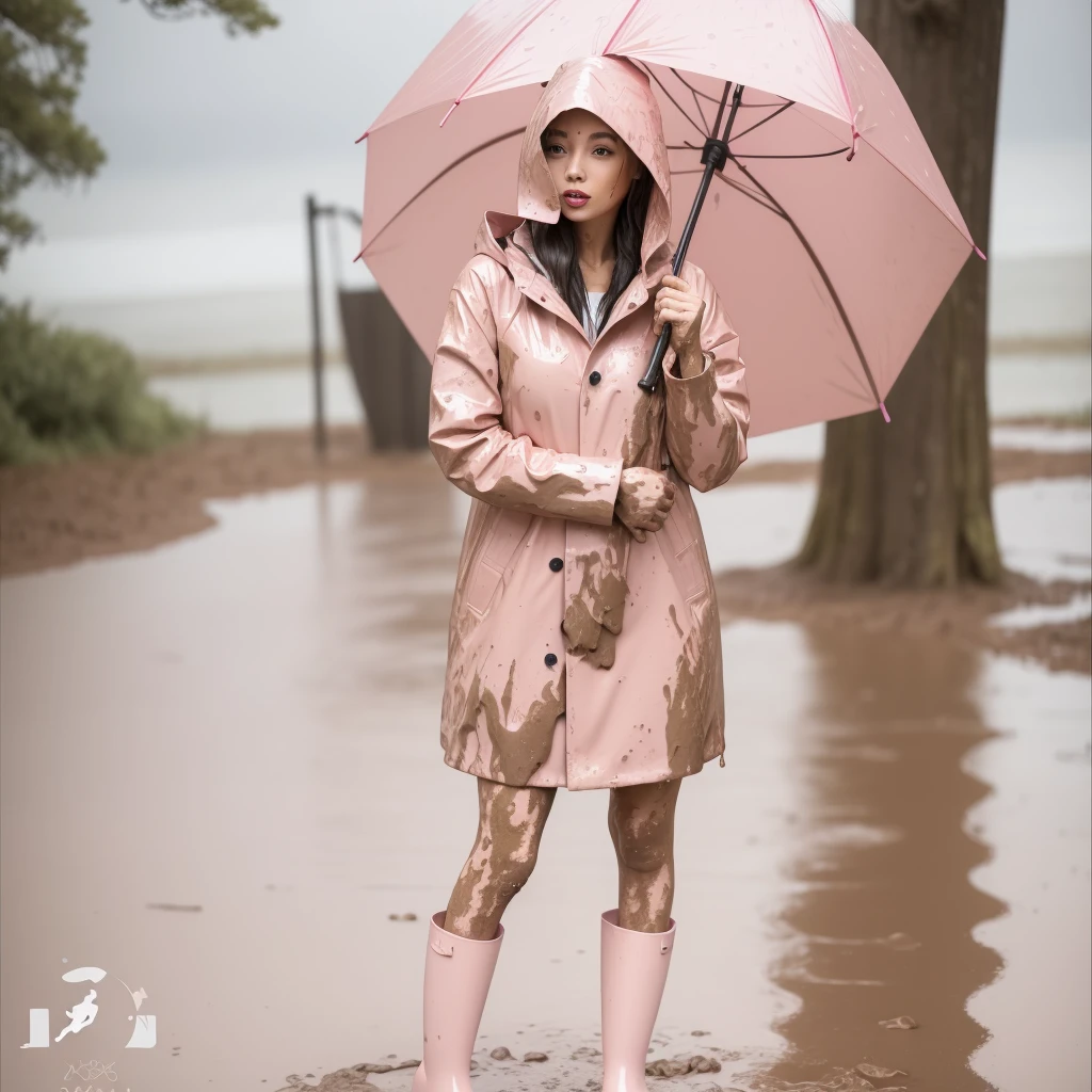 araffe woman in pink coat and pink rain boots, standing in the rain, pretty girl standing in the rain, on a rainy day, pink and red color style, rainy weather, in the rain, rainy day, holding a umbrella, in a rainy environment, girl in raincoat, mud, she is wearing a wet muddy coat, tall pink rainboots, raining outside, wearing hood, covered in mud