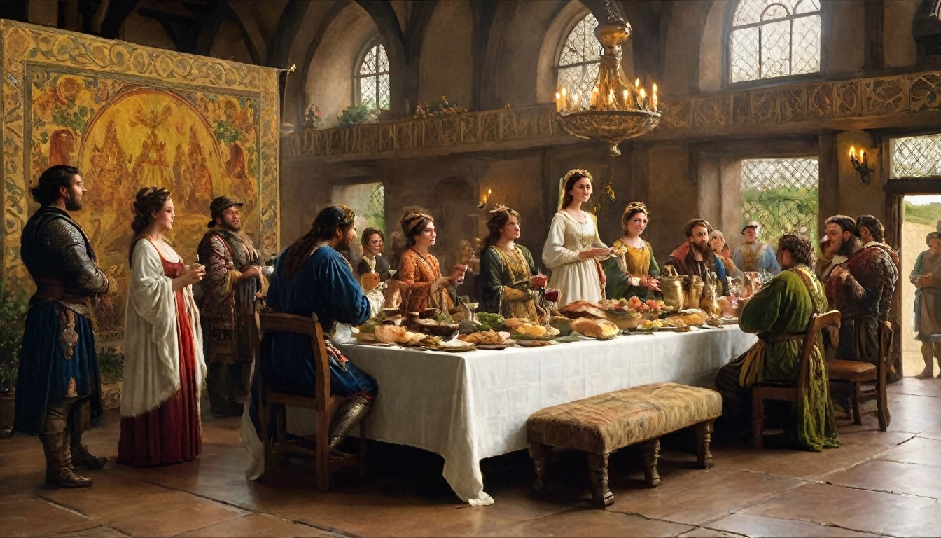 A lavish medieval feast scene in the style of Edmund Blair Leighton. The setting is an opulent great hall with high, arched ceilings and ornate wooden paneling. A long, richly adorned table is laden with an abundance of food and drink: roasted meats, colorful fruits, bread, and goblets of wine. Guests in period-accurate attire—noble lords and ladies—are seated around the table, engaged in lively conversation and merriment. The atmosphere is one of grandeur and festivity, with detailed tapestries and banners hanging on the walls. The lighting is warm and inviting, casting a golden glow over the scene and highlighting the sumptuous textures of the feast. Leighton's characteristic attention to detail and romanticism bring the medieval revelry to life with a sense of historical authenticity and elegance., Surrealism, Hyperrealism, UHD, masterpiece, accurate, anatomically correct, textured skin, super detail, award winning, 16k