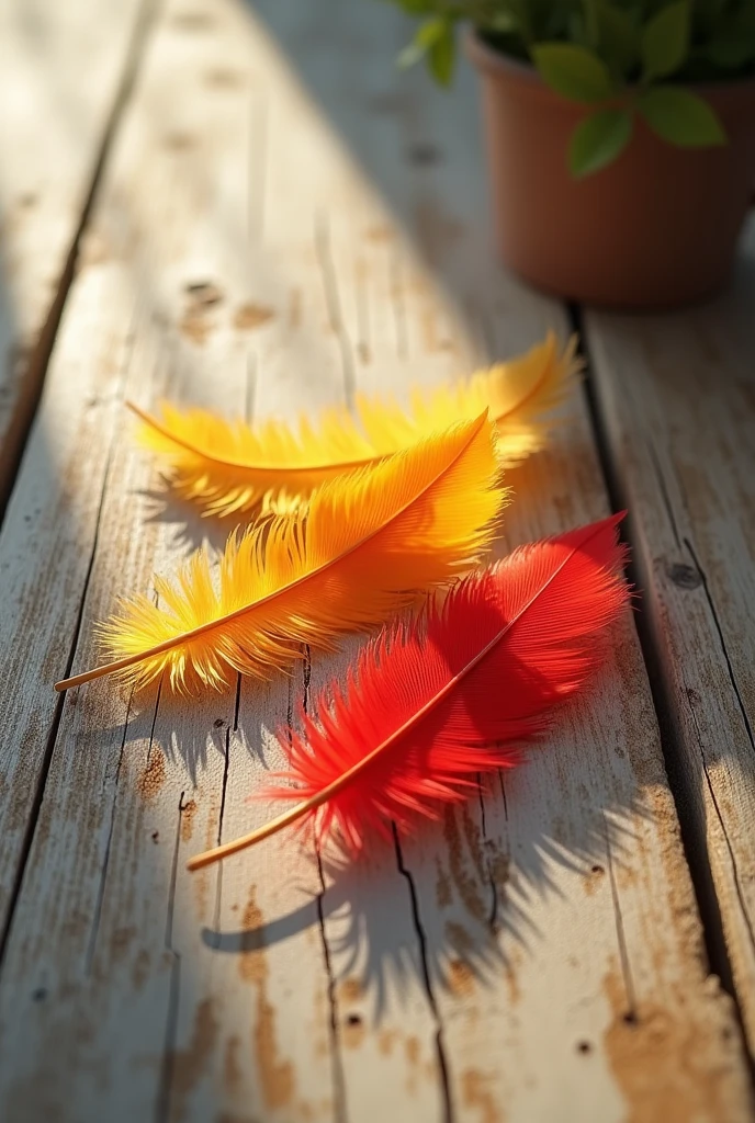 4 small red and yellow feathers on top of an old light colored wooden table perspective from above