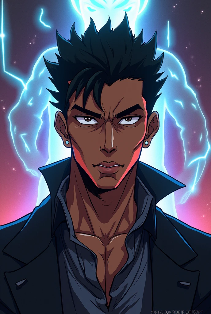 A man with warm brown skin, short black side part hair style, thick eyebrows, almond-shaped dark eyes, a straight nose, full lips. He has a strong jawline and a serious, confident expression. jojo's bizarre adventure background effect with sutando