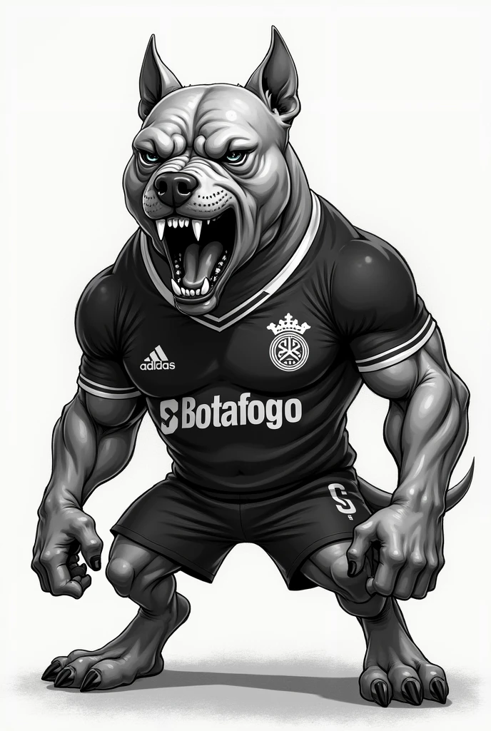 Create a humanoid angry Pitbull with a black and white Botafogo team shirt, print for shirt,drawing style