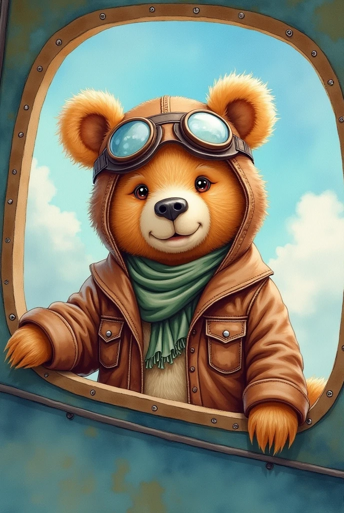 4k watercolor aviator baby bear on plane in blue and green colors